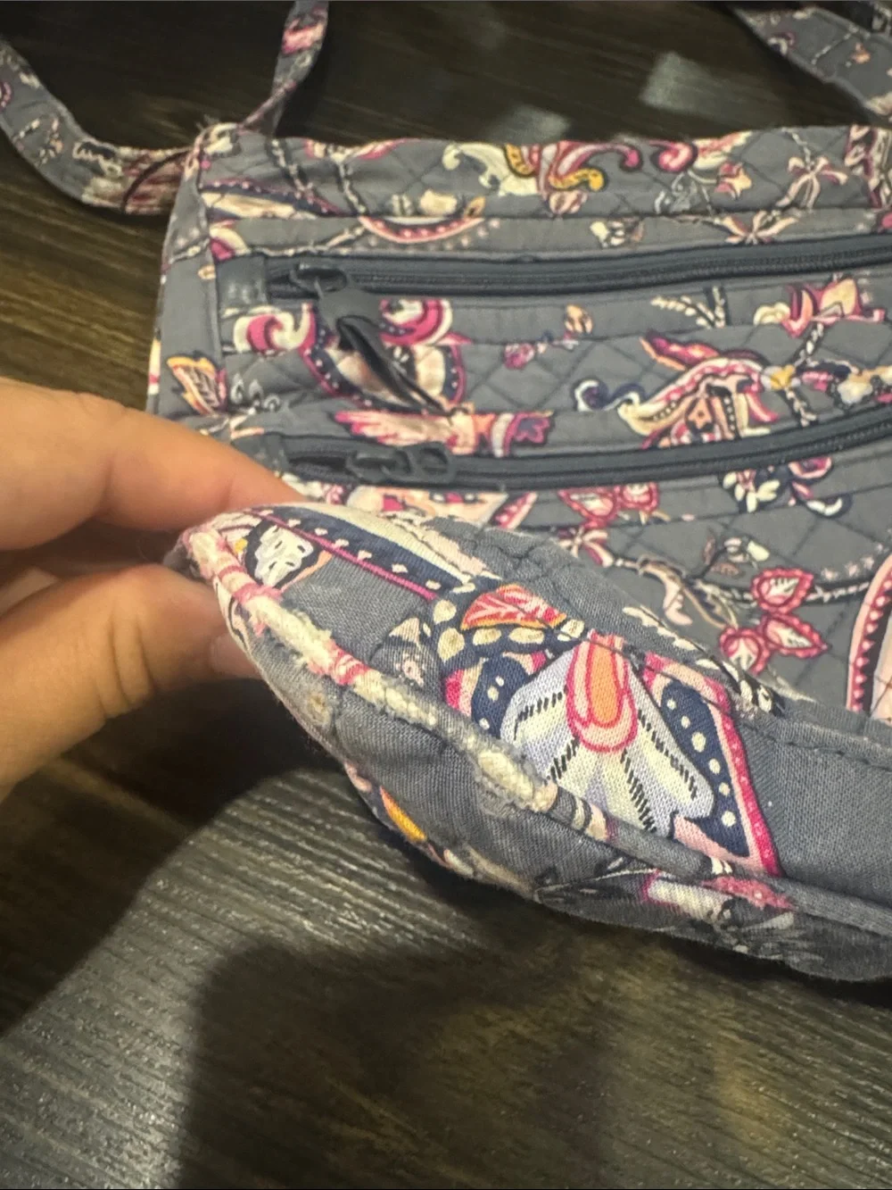 Vera Bradley Gray Paisley Quilted Crossbody with Pink Accents
